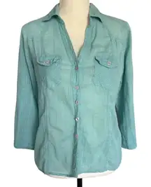 Eden & Olivia Women's 3/4 Sleeve Button-Up Shirt Blue Petites L Casual