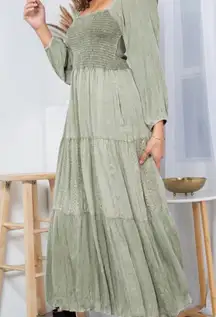 Young Threads The Olive Dress Cottage Core Boho Smocked Embroidered Maxi Sz M‎