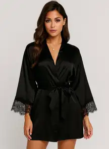Ann Summers Black Satin Robe Wrap Mini Belted Lace Small Whimsigoth Romantic