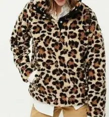 J Crew Vintage Fleece Quarter Snap Sherpa Leopard Print Tan XXS