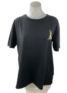 Le31 Simons Womens Black Sequin Bird Embroidered Crewneck T Shirt Tee Top Size L