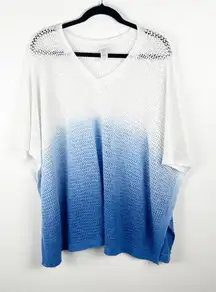 J. JILL Blue Ombré Linen Blend Open Knit Beach Cover Up Poncho, One Size