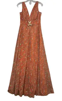 Vintage Women's Orange Paisley Maxi Dress V Neck Brooch Summer Boho Flowy