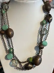 Premier Designs 3 Strand Necklace Copper Tone Faux Turquoise Etched Adj 20" READ