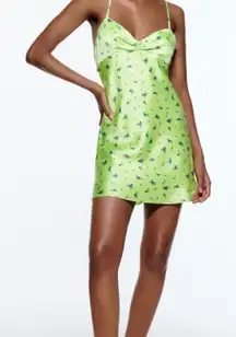ZARA Green Satin Floral Mini Dress