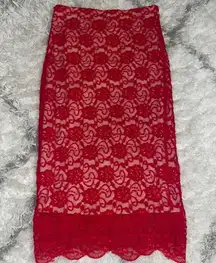 High waisted lace knee length skirt red bodycon