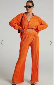 Showpo Beca Plisse Button Up Shirt and Flared Pants Set