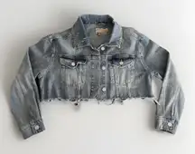 Anthropologie Pilcro Y2K Women Fringe Cropped Jean Jacket Small Long Sleeve Crop