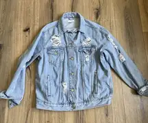 Topshop Women’s Size 8 Faded Blue Distressed Denim Button Up Oversized Jacket