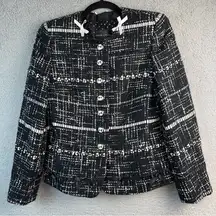 Rena Lange Jacket Womens 6 Black White Tweed Ribbon Woven Blazer Embellished
