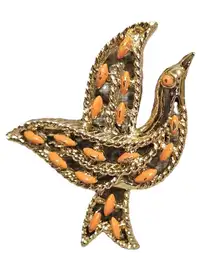 Vintage 1970s GERRYS Openwork Gold Tone & Coral Enamel Dove Bird Pin Brooch 2"