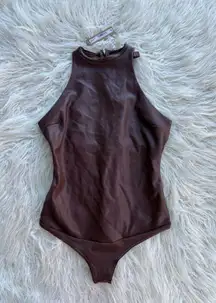 Skims Faux Leather High Neck Bodysuit Cocoa Size Medium