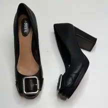 FOSSIL MADDOX Black Leather Buckle Platforms PUMPS Block Heel Shoes S-419 Sz 7.5