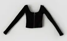 Hollister Black Y2K Crop Top‎ Zipper Front Ribbed Long Sleeve Square Neck Size L