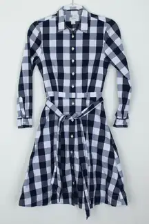 J. Crew Womens Gingham Tie Waist Button Poplin Shirt Dress Size 0 Blue White