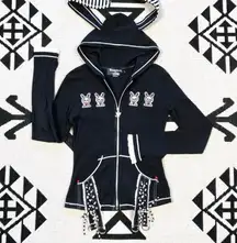 Rare Skelanimals x TRIPP NYC Black Bunny Ears Zip Up Hoodie Size Large