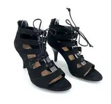 Tahari Lace Up Black Suede Heel Back Zipper