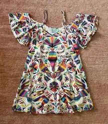 Judith March Colorful Bird Print Dress Tropical Mini Open Shoulder Lined Size S