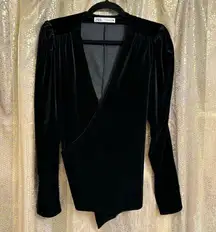 Zara Deep Black Velvet Wrap Front Tie Back Long Sleeve Bouse Medium