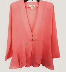 Vintage Y2K Hot Pink Rhinestone semi sheer Cardigan Silver Sparkle Sz M