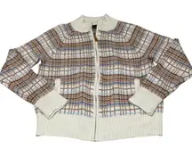 Talbots Plaid Zip Cardigan Sweater Cotton Wool Blend Large Cream Brown Blue