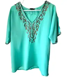 Womens mint green blouse top v neck casual short sleeve comfortable size M