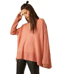 Free People Oversized V-Neck Sweater Size XS Pink Slits Tunic Boho Lagenlook