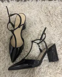Nine West Black Patent Leather Pointed Toe T Strap Block Heels Women Sz 9M NWOT