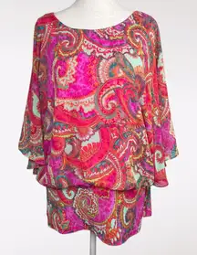 Coco Bianco Pink Paisley Sheer Batwing Blouse Size Large