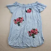 Style Envy Women Dress Size S Blue Chambray Off The Shoulder Floral Embroidered