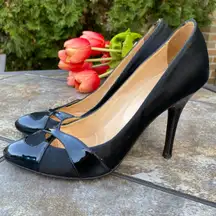 Fendi Black Satin & Patent Leather Stiletto Pumps Size 8.5 Luxury