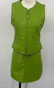 Vintage 90s Ms. Maxima Leather 2 Piece Set Zip Up Vest Mini Skirt Lime Green 2