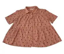 Roolee Salmon Polka Dot Short Sleeved Peplum Style Button Front Blouse