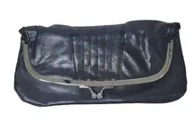 Womens Classic Vintage Black Leather Fold Over Clutch with Silver Kiss Lock