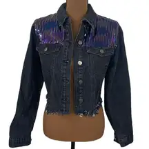 Le Lis shimmer and shine sequined cropped denim jacket with fringe hem size S
