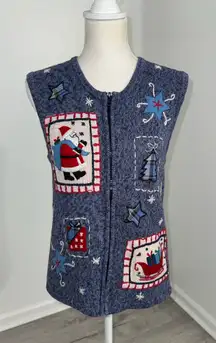 Bobbie Brooks Christmas Santa Appliqué Sweater Vest Zip Front Deep Navy Women S 