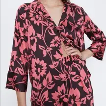 Zara Button Down Satin Blouse Brown Pink Floral L