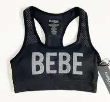 BEBE Racerback Sports Bra Black Chest Logo Removable Pads Moisture Wick Size S