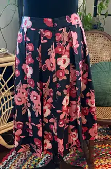 Kate Spade Black & Pink Floral Silk High Waist Pleated Skirt