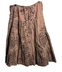 JKLA Tiered Boho Floral Print Midi Skirt Womens M Fairy Grunge Velvet Swirl SEE