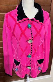 Jack B Quick Hot Pink Argyle Cardigan Sweater Beaded Purse Buttons Fun Artsy