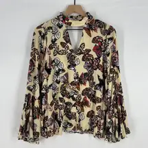 Entro Tunic Top Womens Small Multicolor Butterfly Keyhole Neck Bell Sleeves