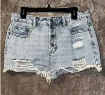 Hidden light wash high rise distressed cut off shorts 100% cotton L #754