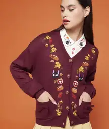 Hot Topic Maroon Embroidered Cardigan
