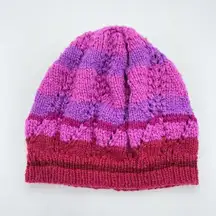 Hand Knit Adult Red Purple & Pink Striped Beanie Hat