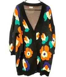 Sugar + Lips Medium Black Multi Color Flower Knit Button Front Long Cardigan