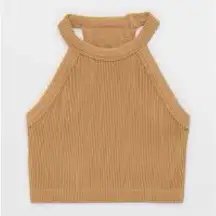 Aerie Ribbed High Neck Cropped Tank Top Tan Sleeveless Soft NWT