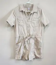 Old Navy Cotton Short Sleeves Button Front Waist-Defined Utility Romper in Ecru