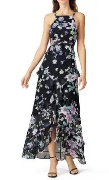 Great Jones Navy Floral Print Ruffle Hem Sleeveless Halter Maxi Dress Size 4