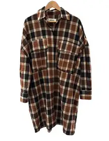 Circus Hotel Plaid Long Sleeve Button Down Shirt Dress Brown Size XL